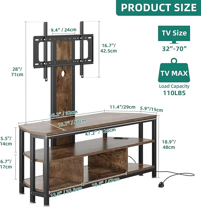 Yitahome LED TV Stand with Mount and Power Outlet, TV Stand Mount for 55/60/65/70 inch TVs w/Height Adjustable Mount, Entertainment Center Corner Media Console for Living Room, Rustic Brown
