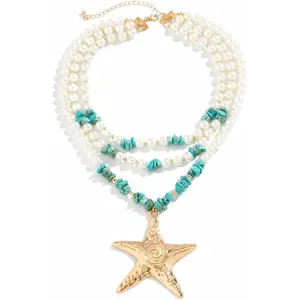 Pearl Beaded Starfish Pendent Necklace Turquoise Mermaid Chunky Multilayer Necklace Summer Beach Jewelry for Women