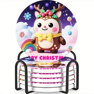 6-piece ceramic coaster set, featuring a Christmas-themed design with reindeer illustrations. Heat-resistant, non-slip coasters with holders, perfect for home, dining, and as beverage mats.