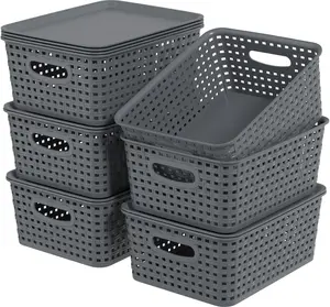 6-Pack Small Plastic Woven Storage Basket with Lid, Stackable Organizer Basket Bin, Grey