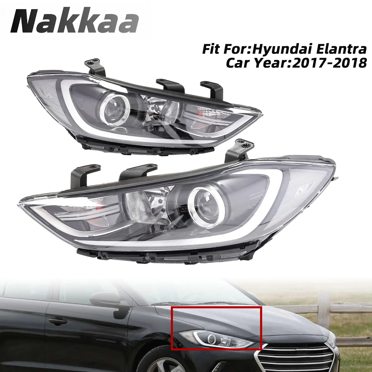 Nakkaa Pair Halogen Headlights For 2017-2018 Hyundai Elantra, Black Housing Clear Lens, W/Bulbs (Without DRL, Left+Right)