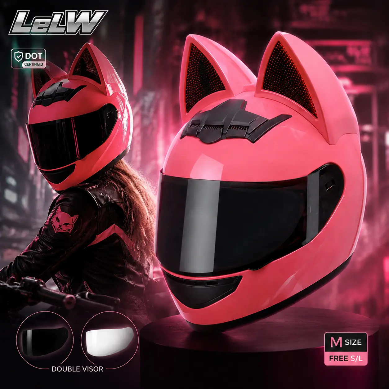 LeLW Cute Cat Ear Full Face Motorcycle Helmet , Adults Men Women Cool Flip up Motorbike Modular Helmet, DOT Approved Cruiser Chopper Moped Scooter , Comfortable Breathable