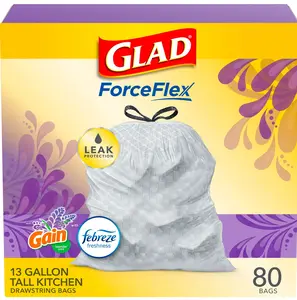Glad ForceFlex Tall Kitchen Drawstring Trash Bags, 13 Gallon Trash Bag, Gain Lavender with Febreze Freshness, 80 Count Pack Plastic Household