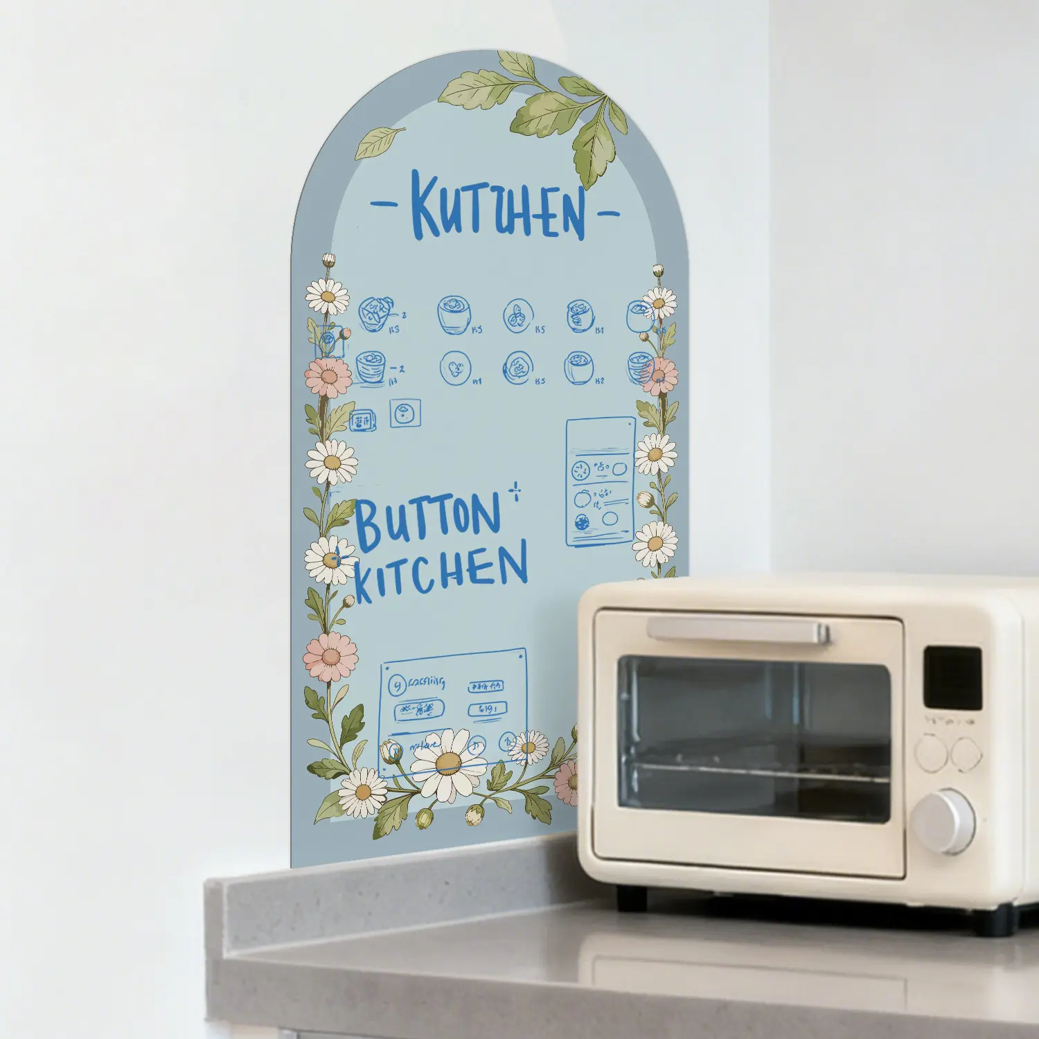 Self Adhesive Detachable Arched Design Whiteboard, Matte Erasable Film, Scratch Free Wiping, Watercolor Floral Border, Quick Installation