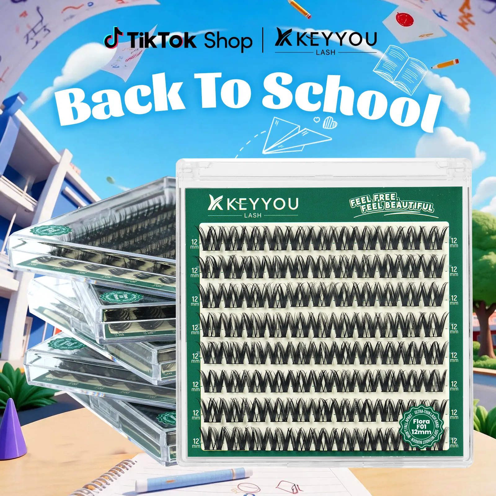 KEYYOU Flora Single Length DlY Lash Cluster Invsible Band Natural 8mm 10mm 12mm 14mm 16mm 18mm Waterproof Long-Lasting Eyelashes Extensions 80pcs D Curl Easy to Use for Flawless Look #BackToSchool
