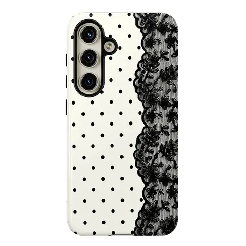 Black Polka Dot Lace Print Pattern Phone Cases ,Shockproof Rugged Cover Dual Layer Soft TPU Hard Bumper Shell for Samsung S26 S25 S24 S23 S22 S21 NOTE20 Ultra A71 A56 A36 Plus FE A06 A13 A14 A15 A16 A23 A25 A26 A34 A52 A53 A54 A55 A57 A37 A17 A33 A32 Edge