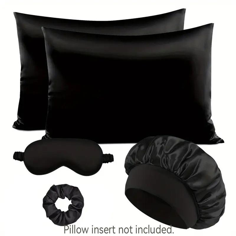 Satin Soft Sleep Set, Including 2pcs Silky Pillowcases, 1pc Breathable Hair Bonnet, 1pc Adjustable Weighted Sleep Eye Mask and 1pc Hair Scrunchie, Simple and Comfortable Bedding Sleep Aid Set, Sleeping Eye Mask