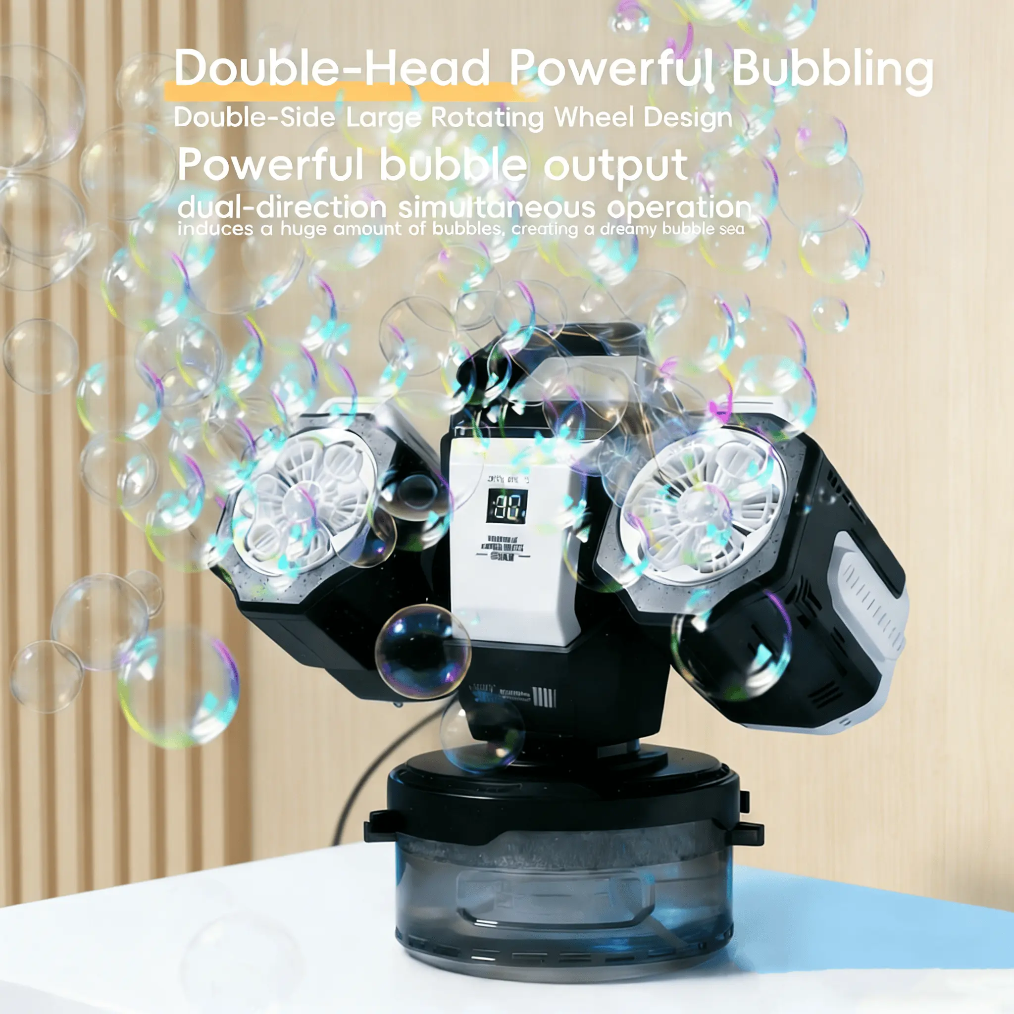 Dual Head Automatic Bubble Blower Toy for 8-10 Years, Lithium Ion Rechargeable Battery (Included), RGB Atmosphere Light, 360° Auto Rotation Machine Bubbles Maker with 50ML Concentrated Solution