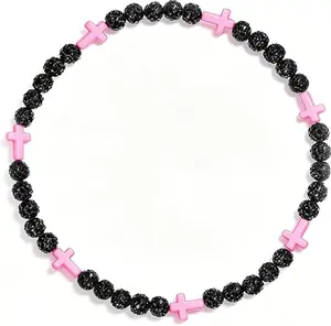 Iced Bling Disco Ball Rhinestone Bead Baseball Necklace Black, Pink Cross