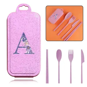 Letter Pattern Cutlery Set with Case, 4 Counts/set Including Spoon, Fork, Knife & Chopsticks, Reusable Portable Tableware Set for Travel Picnic Camping Tableware Kit