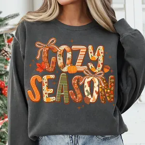 Vintage Fall Vibes Cozy Season Crewneck Sweatshirt, Autumn Leafs Pumpkin Pattern Season Graphic Printed Tee, Autumn Gift for Her