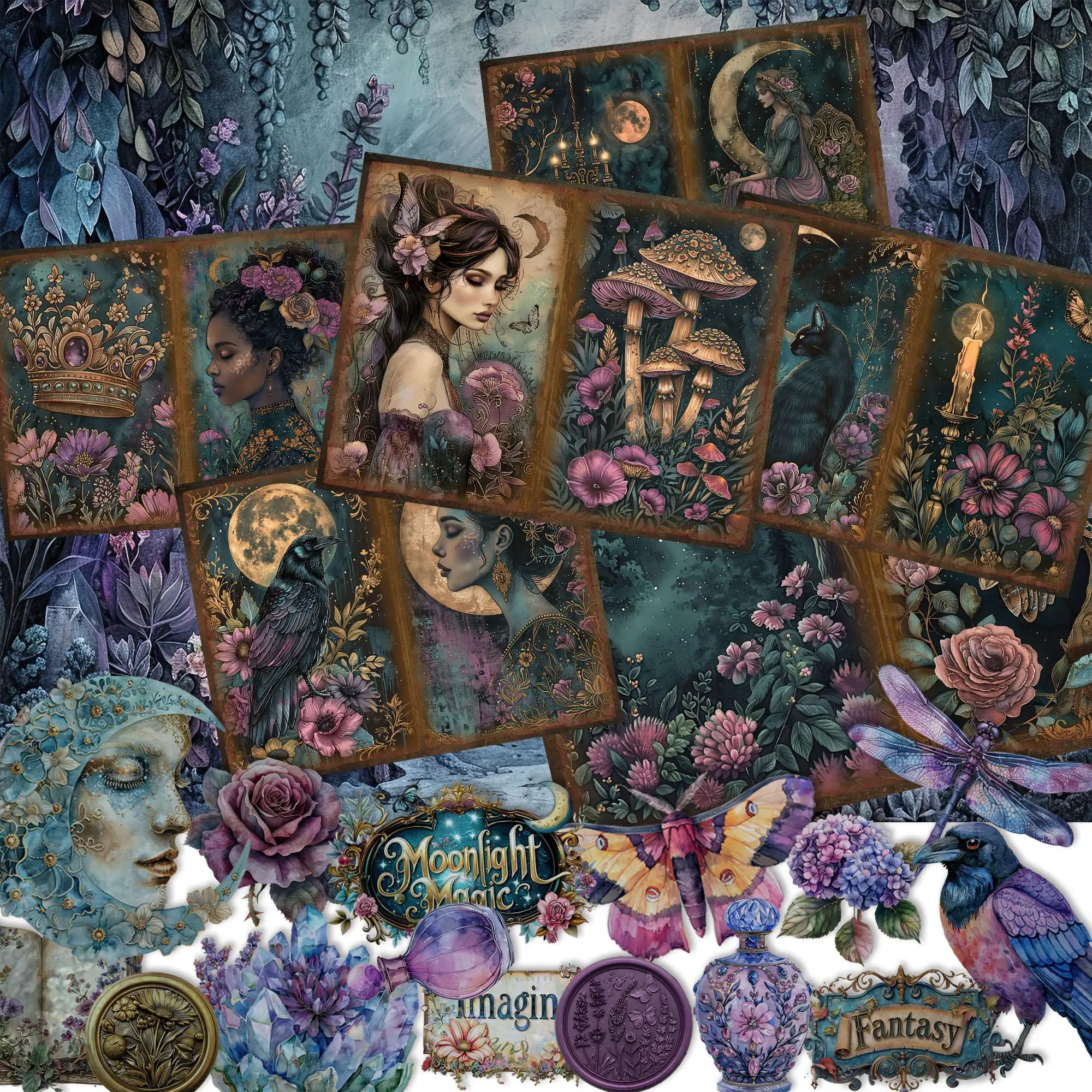 Gothic Midnight Garden Scrapbook Background Paper & Decal Sticker Set, 52pcs/set Including 12pcs Journal Making Material Paper & 40pcs Sticker, DIY Cr