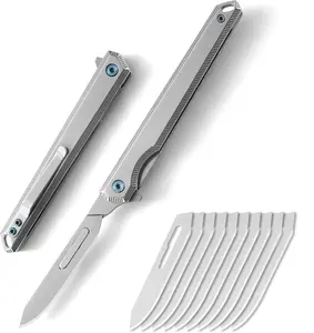 Mini Slim Folding Scalpel，Scalpel Pocket Knife with 10pcs #60 Replaceable Razor Blades,EDC Utility Knife with Liner Lock,Pocket Clip，The Perfect Hunting Knife for Skinning Deer (Mirror Silver)