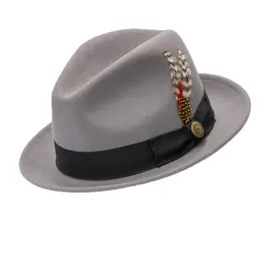 Gunthers Co La Cuatro Fedora - Classic Light Grey Hat with Black Band and Decorative Feather