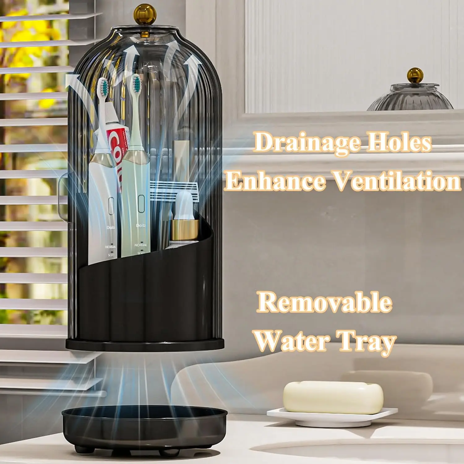 Draining Toothbrush Holder with 180° Rotating Dust Cover, 3 Slots Makeup Brushes Organizer, Multi-purpose Function, Unslip & Drainage, Premium Plastic Material, Compact Design for Bathroom Countertop