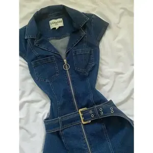 Women's Retro Sweet Hot Girl Waist-Slimming Short Sleeve Denim Dress Can be used with a raincoat