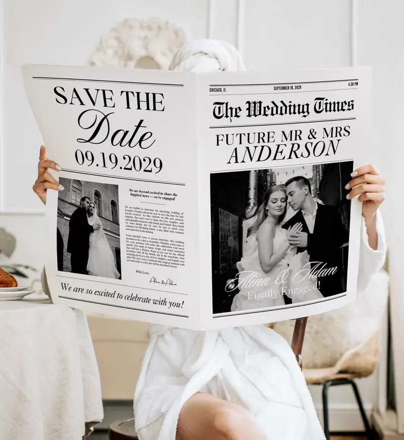 Save the Date Template Newspaper, Engagement announcement printable, Future mr and mrs, Editable Canva Wedding Template.