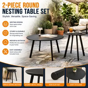 Nesting Coffee Table Set Modern Black Metal Round Side End Tables Space Saving 2 Piece Accent Set for Living Room Small Space Aesthetic Apartment Decor Furniture Outdoor Patio Couch Table Minimalist Home Design