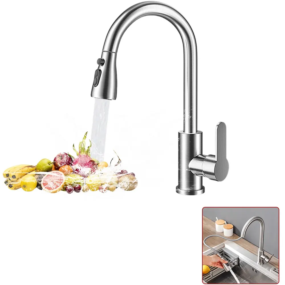 Brushed Nickel Kitchen Sink Faucet with Pull-Down Sprayer, High-Arc Single Handle Commercial Modern Stainless Steel Model, 15.16" Faucet Height, 8.6" Spout Height, 2 Water Inlet Hoses, 2x 60cm Water Supply Lines