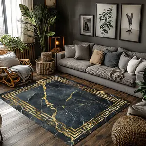 Dark Green Gold Marble Greek Key Crystal Velvet Luxury Area Rug Non‑Slip Living Room Rug #GreekKeyMarbleRug #LuxuryHomeDecor #DarkGreenGoldRug #ElegantBorderCarpet #CrystalVelvetRug
