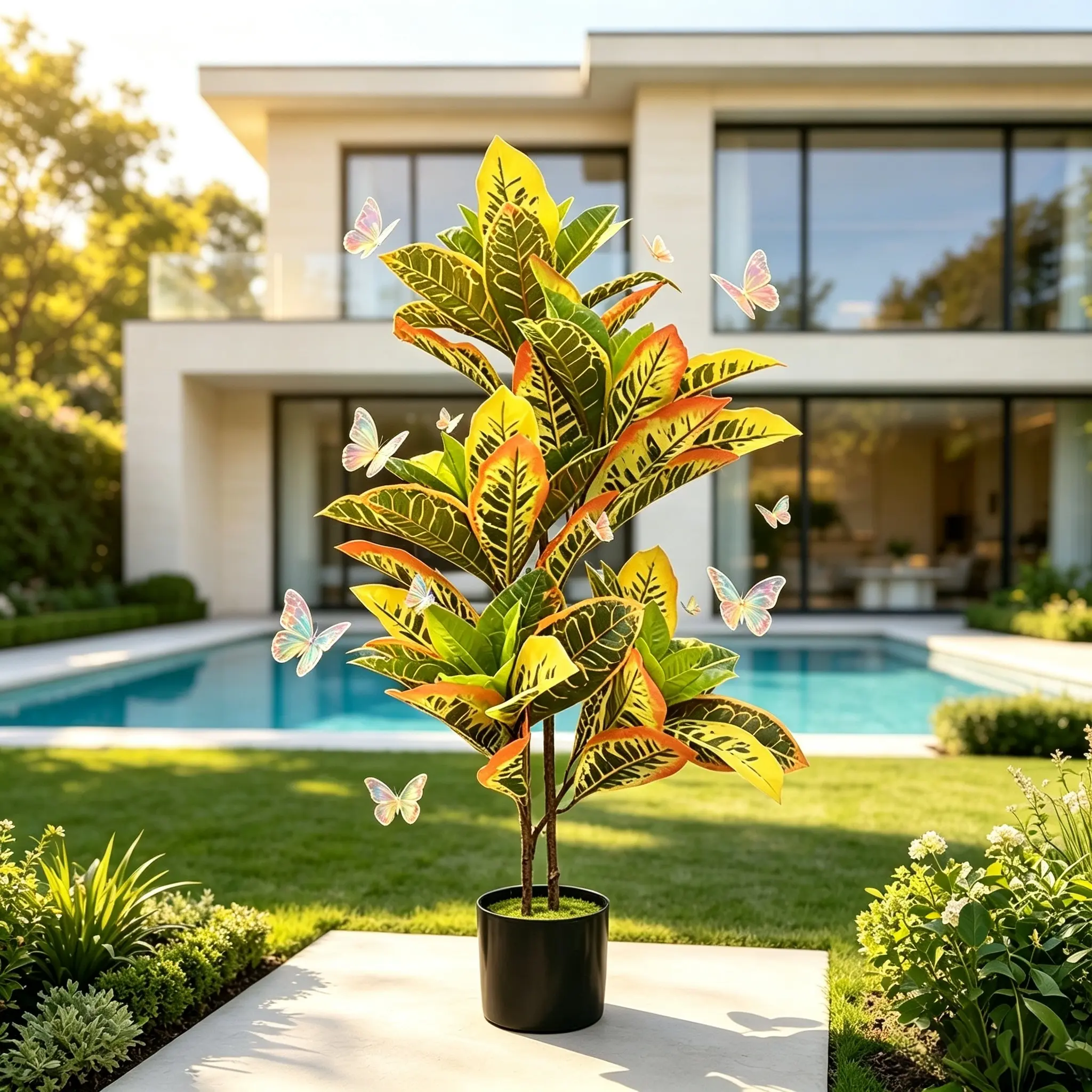 35 in UV-Resistant Artificial Color-Changing Croton Potted Plant, Low-Maintenance All-Weather Outdoor Tree with Moss, Lucky Home & Yd Decor, Natural Plastic Gift for Festive & Specialty Tree Accents