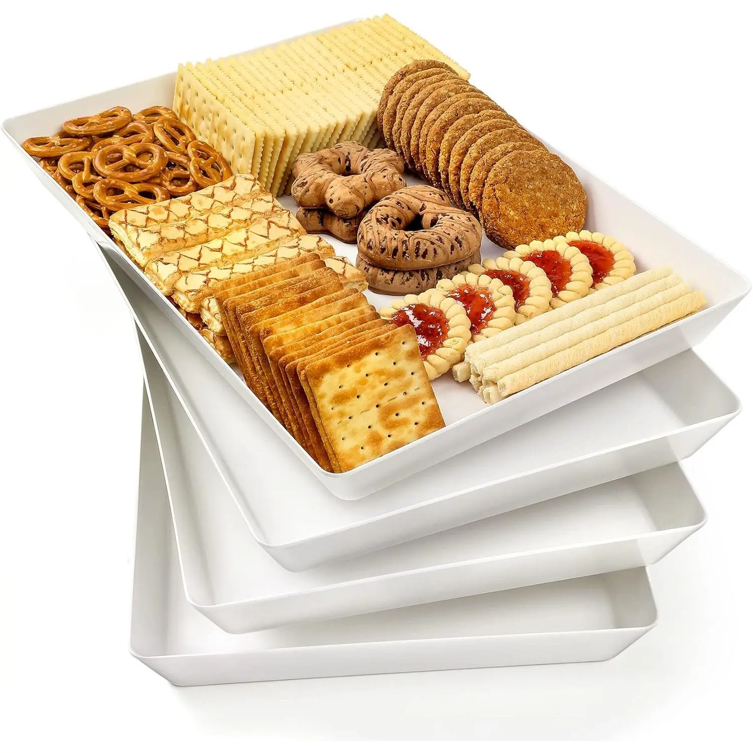4-Pack 16"x11" Solid Plastic Large White Service Plates - Reusable Stackable Kitchen Trays for Food Display, Party Use