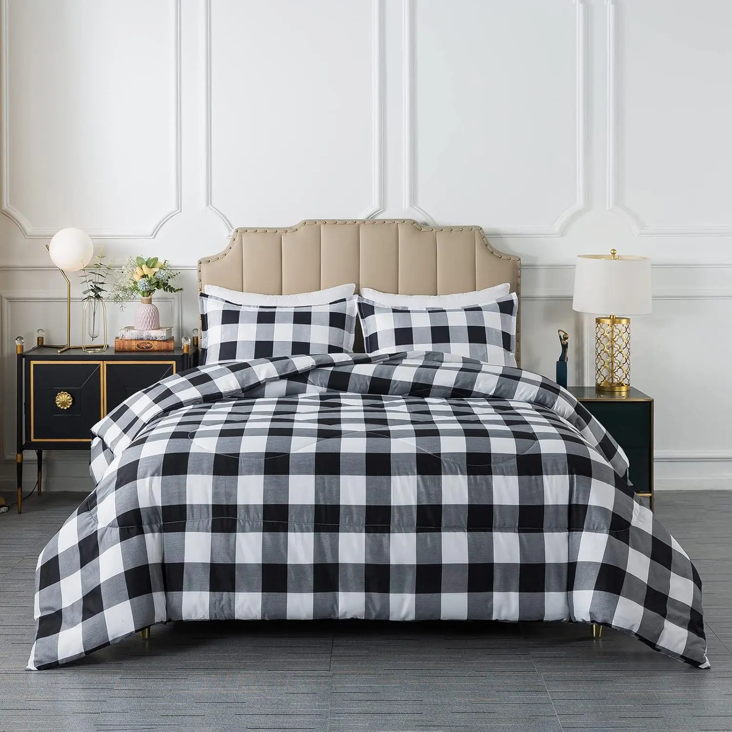 Buffalo Plaid Comforter Set Full Size, Black White Plaid Comforter Bedding Set for  Seasons, Classic Gingham  Print Soft Microfiber 3 count Comforter with Pillowshams