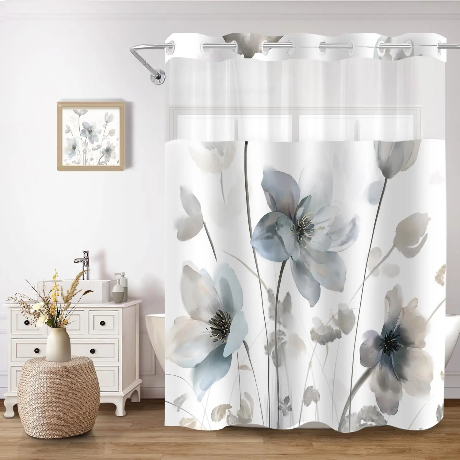 No Hook Shower and Liner Set, Blue Grey Boho Floral 71x74| Watercolor Boho Flower, with Snap in Liner, Mesh Top Window, Waterproof, Machine Washable, Quick-Drying, for Hotel