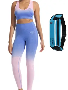 TruliaD Seamless 2-Piece Activewear Fitness Gym Workout Squat Proof Yoga Set For Women With Waist Bag (Gradient-GLS)