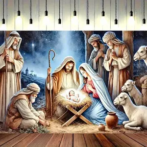 1pc 2D Flat Large Nativity Scene Backdrop Durable Polyester Christmas Background with Mary Joseph Shepherds and Animals Indoor Outdoor Church Decor for Weddings Birthdays Graduations Traditional Religious