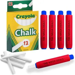12 Pack White Thin Chalkboard Chalk with 5 Chalk Holders, Non Toxic, Great for Kids, School, Home and Gifting Bundle