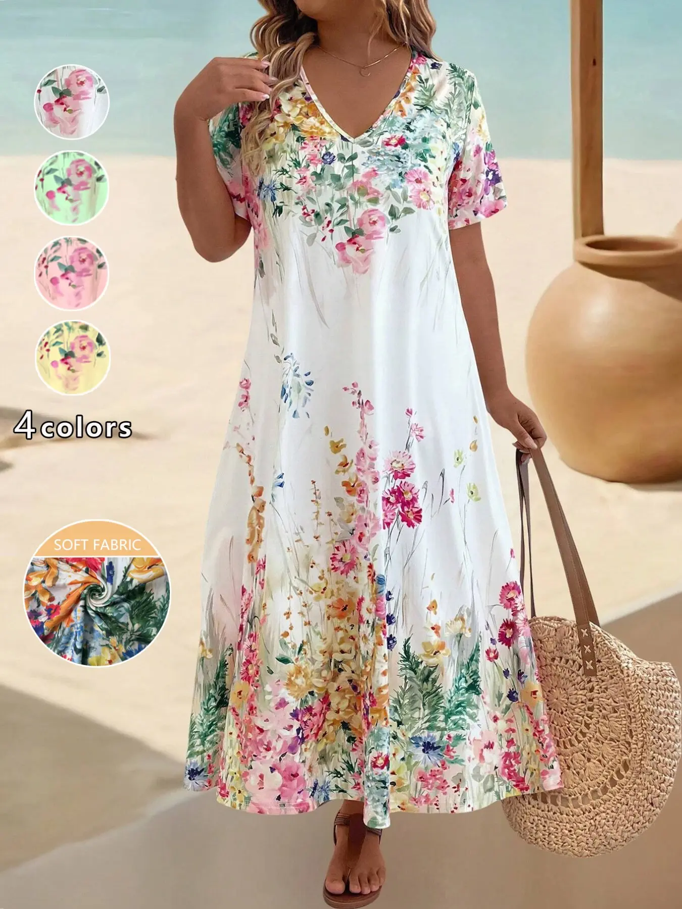Boho Bohemian Floral Long Dress, V Neck Short Sleeve Flowy Beach Vacation Maxi Dress, Plus Size Summer Fashion, Casual Wear, Elegant and Comfortable