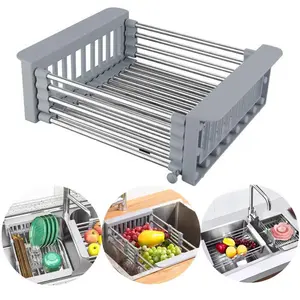 Over The Sink Dish Drying Rack,Retractable Drain Basket with Adjustable Armrest,Stainless Steel Kitchen Drying Rack,Adjustable Multi-function Water Filter Basket for Fruits.
