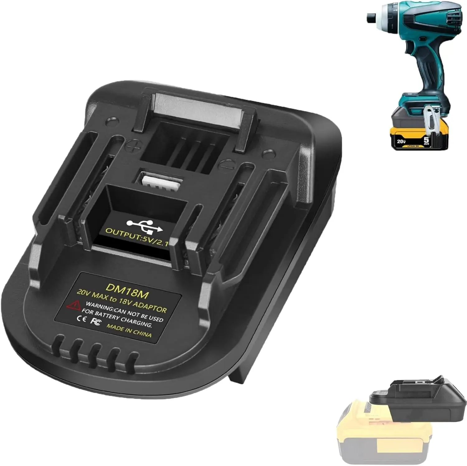 DeWalt to Makita 18V Power Tool Battery Adapter, 20V Input, Plastic Construction