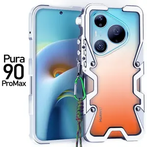 For Huawei Pura Series Bumper Case P50/P60Pro/Pura 70Pro+/80 Pro/80Ultra /90 Promax, Aviation Aluminum Metal Frame Protective Cover with Hand Wrist Lanyard, Half-Wrapped Bumper, Raised Edge Protection, Lightweight Shockproof Phone Frame