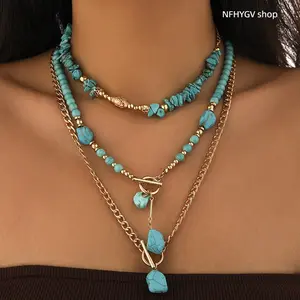 Necklaces, Womens 3-Pack Bohemian Turquoise Beaded Stackable Necklaces, Vintage Layered Fashion Accessories Suitable For Parties, Dates, Vacations And Daily Casual Outings