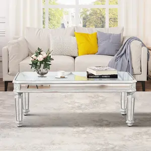 【GOOGREAT】Silver Mirrored Coffee Table, Vintage Carved Elements, Rectangle Glass Tea Table with Mirrored Finish, Modern Center Table for Living Room and Office (24" D x 48" W x 18" H)