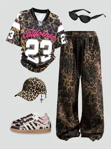Women's American California Leopard Print Set, Short Sleeve Striped Wide Leg Pants Two-Piece, Casual Loose-Fitting Style