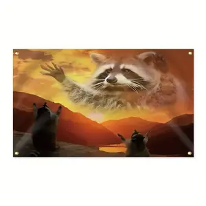 3x5ft Vibrant Raccoon Sunset Flag - Fade-Resistant Purple Polyester Tapestry with Brass Grommets, Double-Stitched Edges for Indoor/Outdoor Decor, Decorative Tapestry |   Sunset Raccoon Design |   Brass Grommet Flag