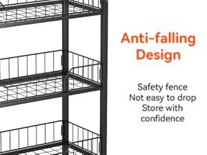 Commercial 5 Tier Freestanding Retail Display Rack for Snacks and Candy, Heavy Duty Q235 Steel Chip Stand with Sliding Baskets, 360° Rotating Silent Wheels, 4 Foot Pads & 10 Price Tags