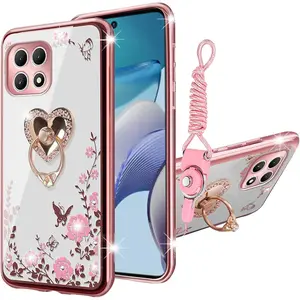 Revvl 7 5G Phone Case for Women Glitter Soft TPU Luxury Crystal Butterfly Heart Floral Protective Cover with Ring Kickstand+Strap for T-Mobile Revvl 7/ T Phone 2 5G(Rose Gold)