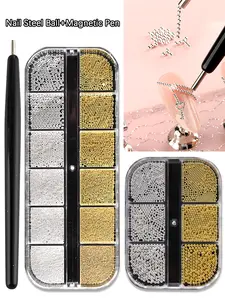 3D Metal Nail Art Charms Gold Silver Micro Caviar Beads Nail Rivets Studs with Magnetic Pen for Steel Ball Suction, for DIY Crafts Jewelry Decoration Nail Supplies
