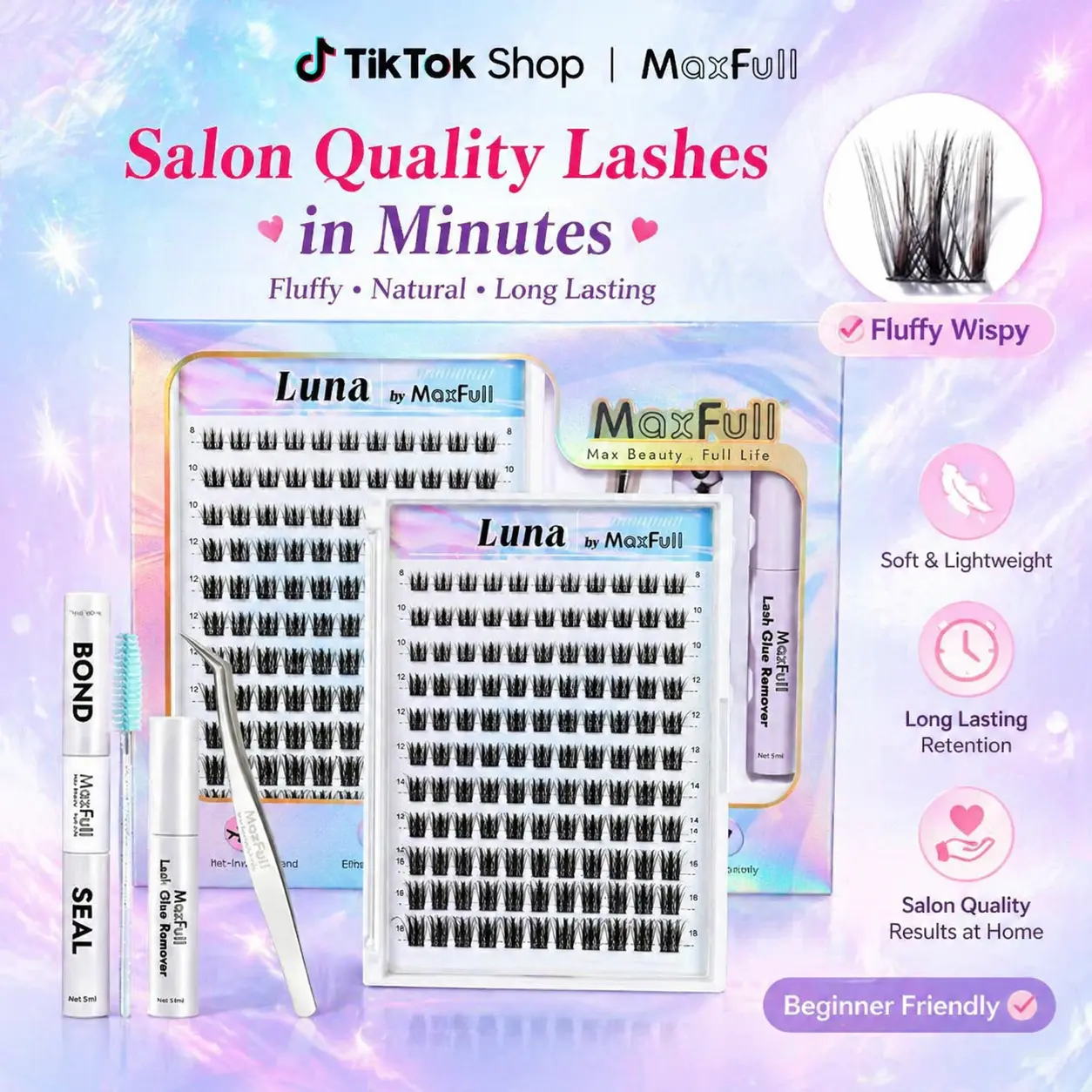 MaxFull Luna Wispy Lash Clusters | Salon-Quality Everyday Lashes with Soft Natural Volume | Cloud-Soft Ultra-Thin Band | Lightweight, Comfortable, Long-Lasting & Waterproof | Fits Most Eye Shapes |Beginner-Friendly Brown-Black D Curl Eyelashes#SummerVibes