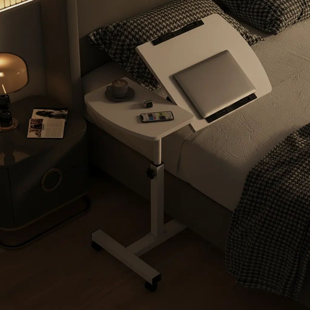Adjustable Bedside Computer Desk, Indoor Furniture Portable Laptop Table with 360° Rotating Tilting Board, 4 Lockable Wheels, 4.15 kg Weight