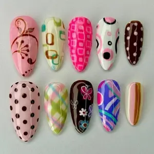 Handmade Retro Y2K Pop Art Press On Nails with Geometric Squares Polka Dots and Butterfly Lines, Almond Shape Colorful Funky Nail Art, Bold Statement Fake Nails for Festival, Party, Creative Gift