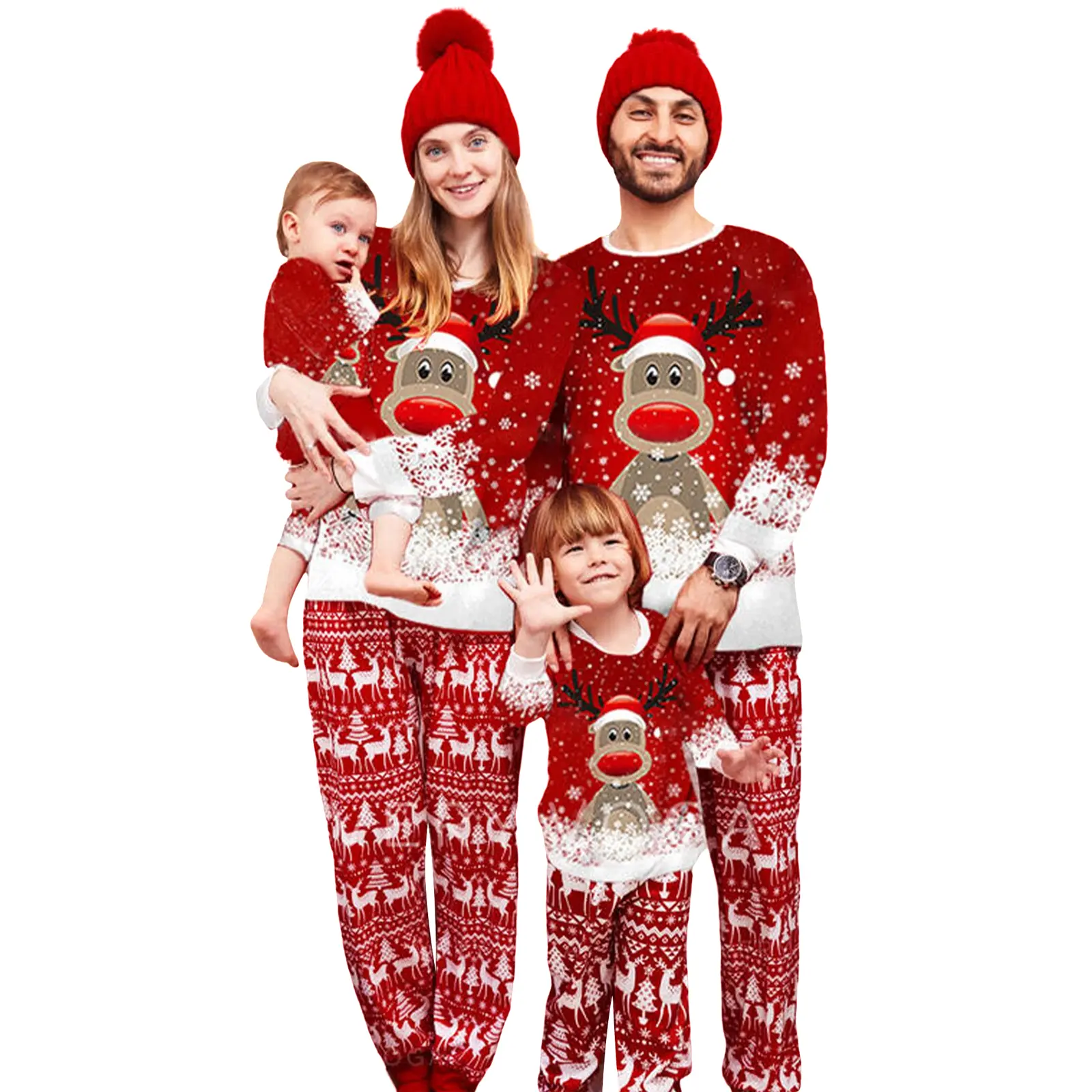 Family Christmas Matching Pajamas Long Sleeve Deer Snowflake Print Long Sleeve Top+ Pants Set 2 Piece Sleepwear Women Men Boy Girl Baby Dog Xmas Clothes