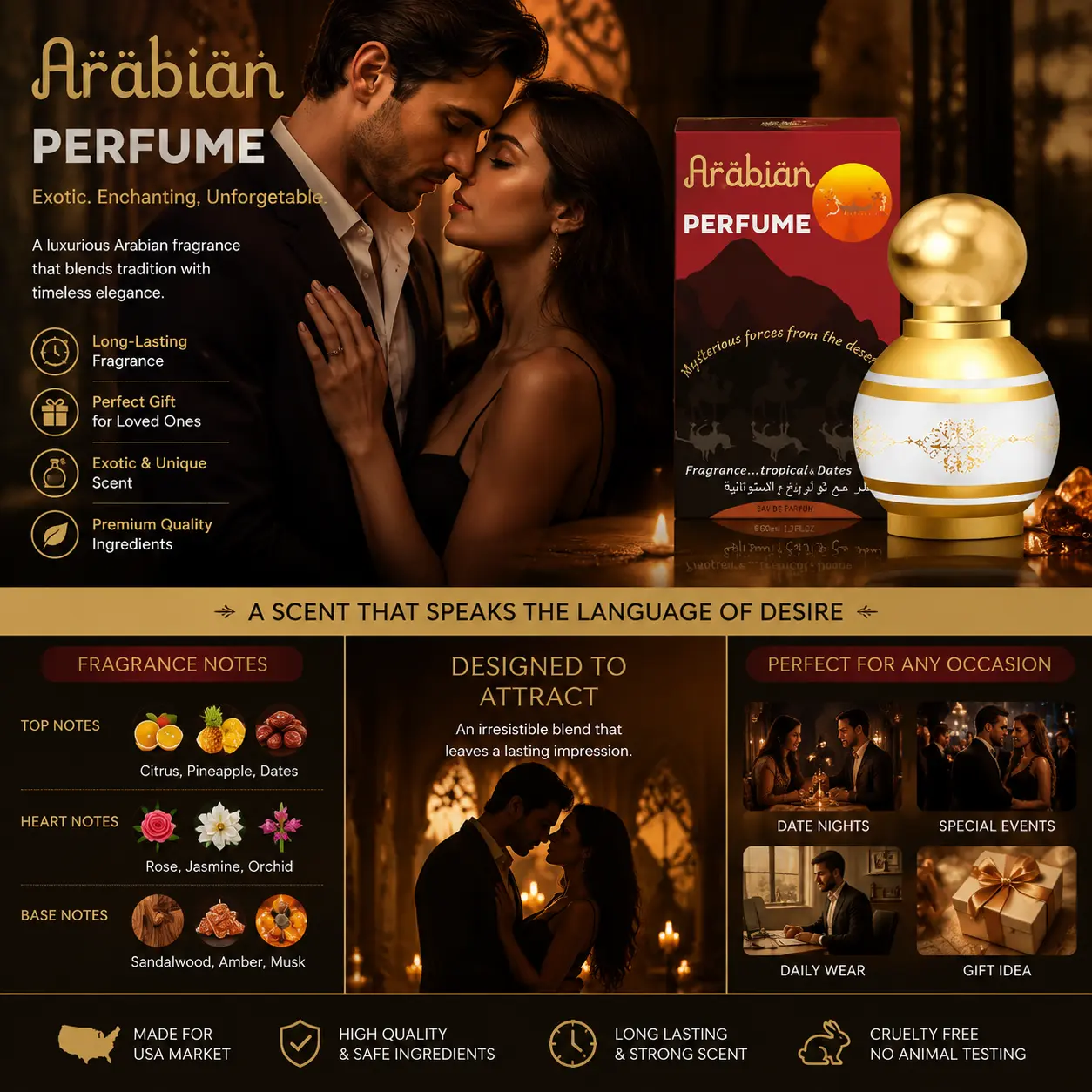 Arabian Perfume 30ml Eau De Parfum, Luxury Oriental Fragrance for Women Men, Exotic Sweet Floral Amber Scent, Elegant Bottle Design, Romantic Date Night Scent, Perfect Gift for Lover, Couple, Birthday & Special Moments