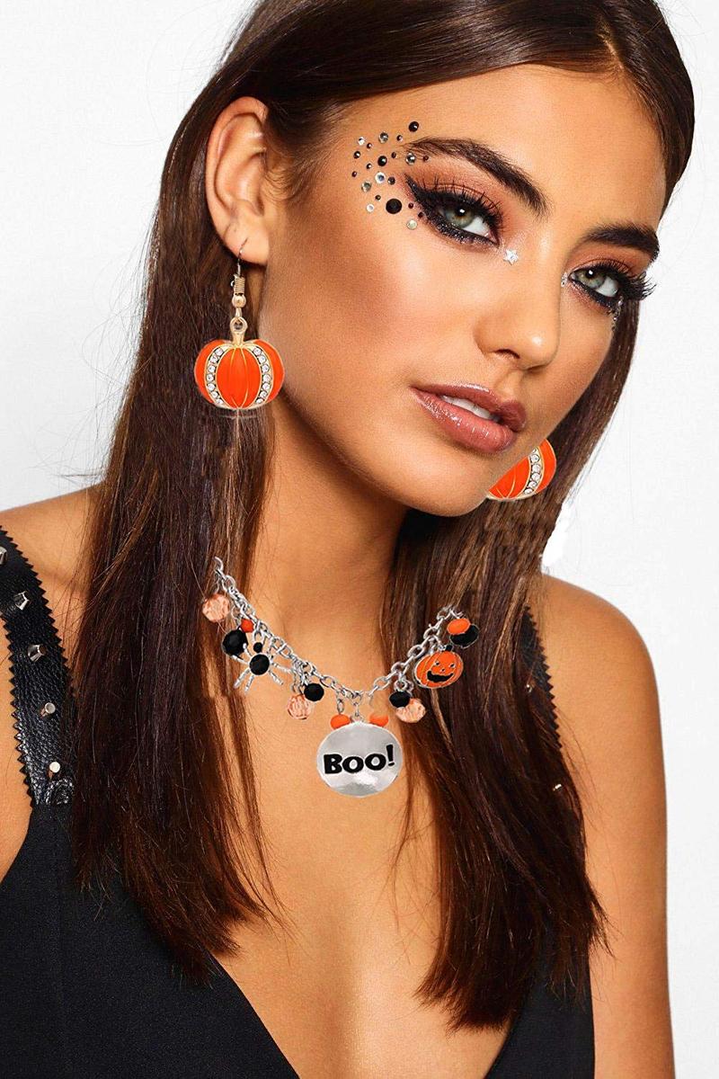 Halloween Ghost Jewelry Set Beaded BOO Pumpkin DIY Pendant Necklace Drop Earrings Gothic Lace Vampire Pendant Chain For Costume Party 16in+2in Extension