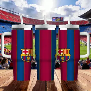 1pc 40oz football club theme printed with red and blue vertical pattern and the official team logo of Barcelona club, suitable for Barcelona fans, football lovers with a large capacity thermos cup with handle, Tumbler