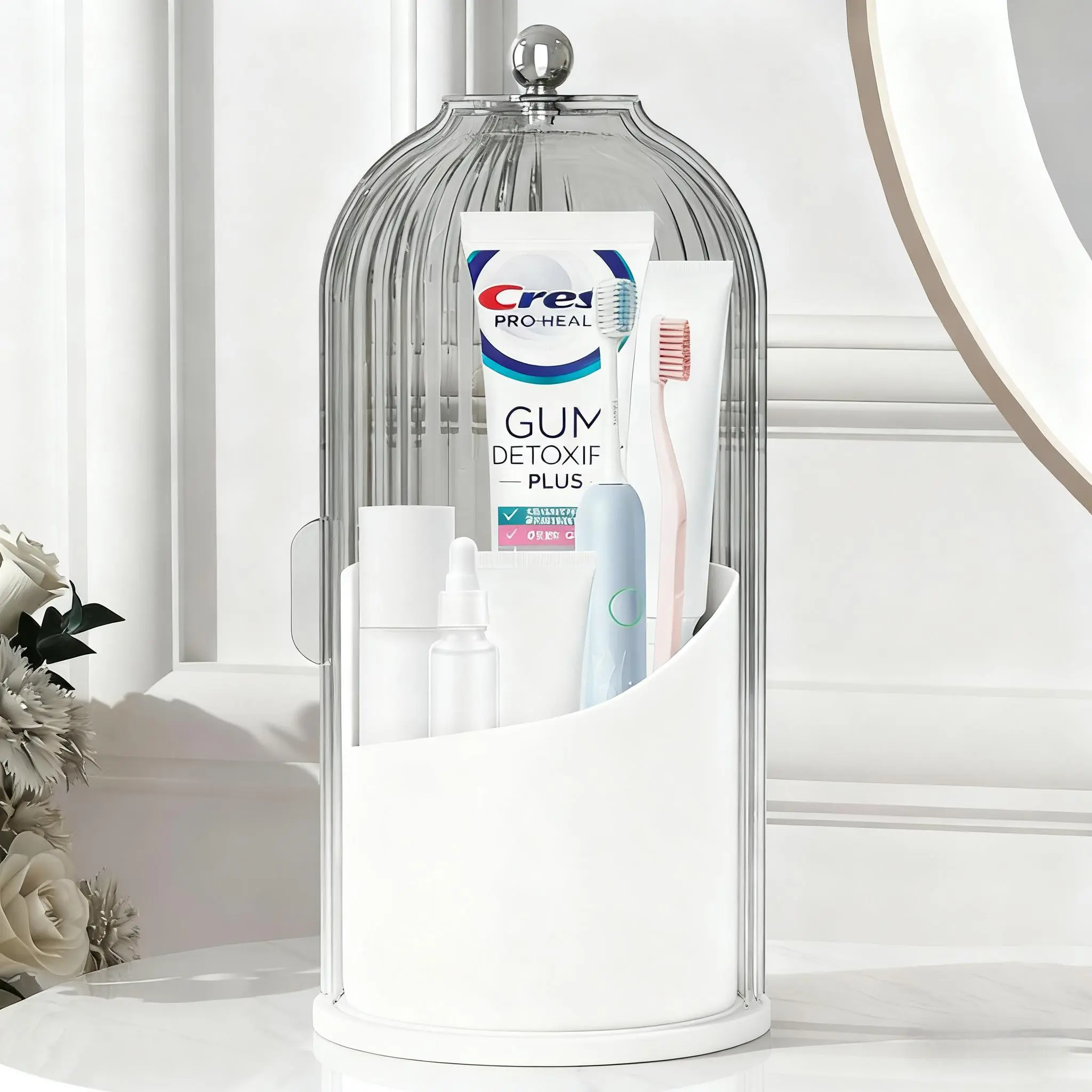 Dustproof ABS Toothbrush Holder Organizer - 360-Rotating Bathroom Storage with Sliding Transparent Lid, 3 Slots, Vanity Makeup Container, Valentine's Day Gift for GF (1 Count), Dustproof Toothbrush Holders